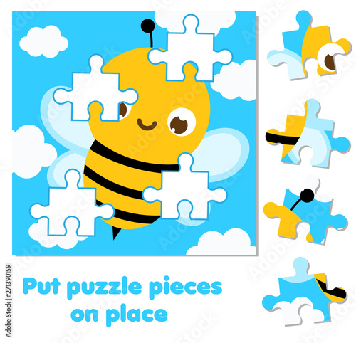 Jigsaw puzzle for toddlers. Match pieces and complete picture of cute bee. Educational game for children and kids.