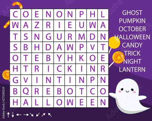 Educational game for children. Word search puzzle kids activity. halloween theme learning vocabulary.