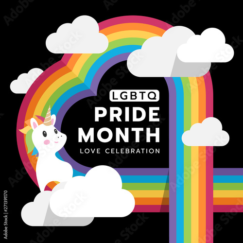 LGBTQ Pride month and love celebration with heart rainbow clode and unicorn on black background vector design photo