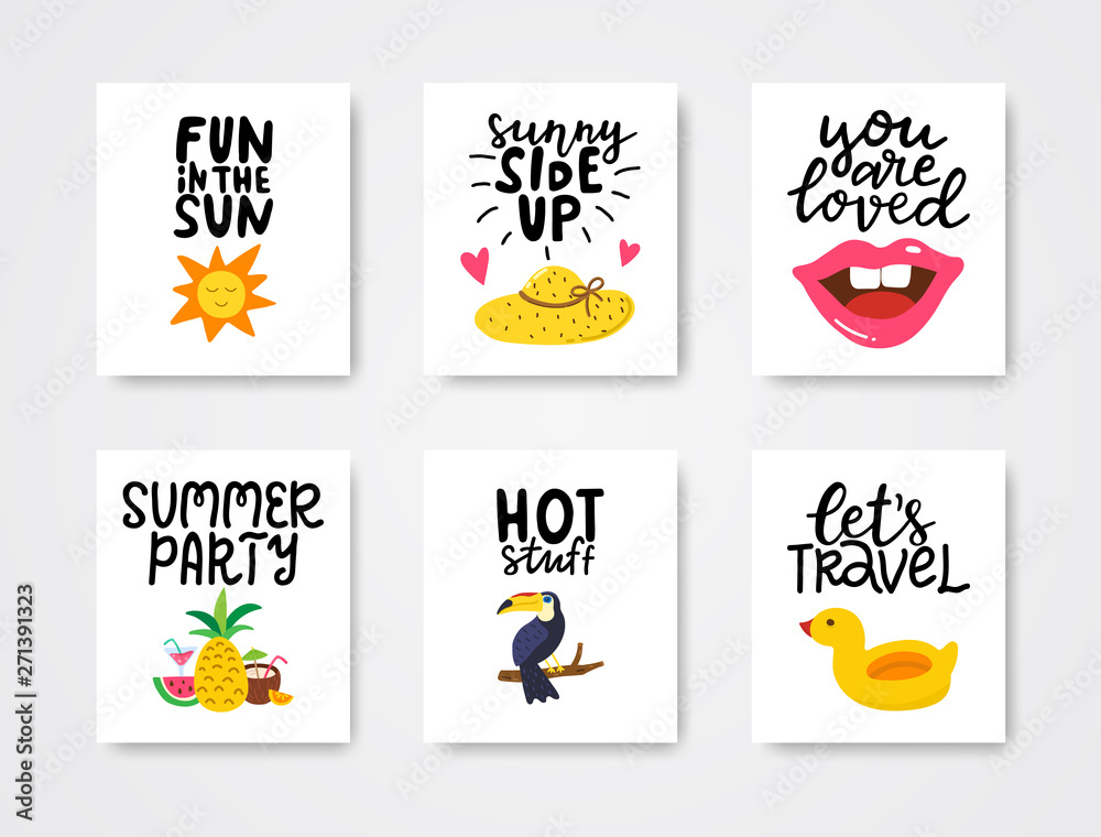 Summer cards set. Colorful posters with hand lettering. Summer vacation banners with hand drawn sun, hat, lips, tropical fruit, toucan, duck. Vector illustration
