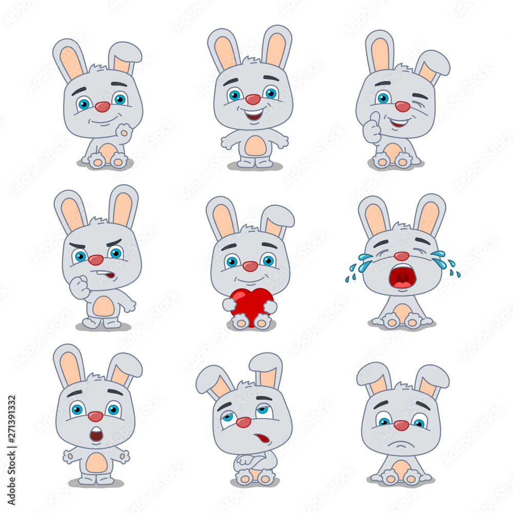 Set of funny rabbit in cartoon style in different poses and emotions isolated on white background