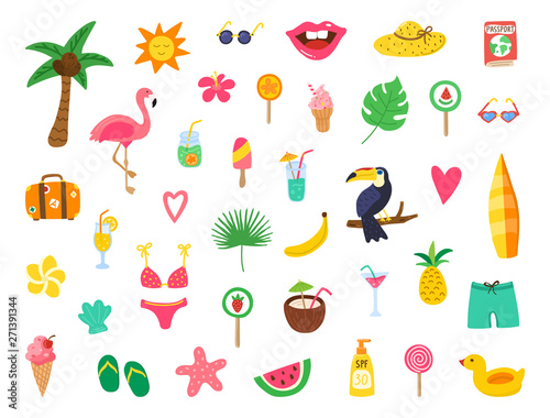 Summer set with hand drawn elements. Summer beach party design with doodle flamingo, flowers, tropical fruit, sweets. Color collection for cards, posters, invitation, stickers. Vector illustration