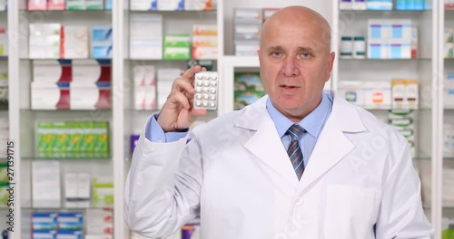Pharmacist Keeping in Hand and Explaining About Medical Pills Consume and Abuse