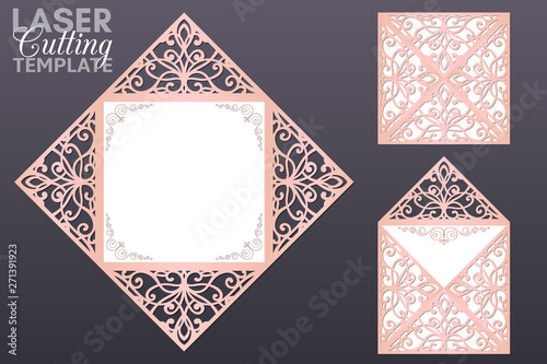Wedding invitation cutout paper four fold card template for laser cutting. Square envelope with patterned corners, Suitable for greeting cards, invitations, menus.
