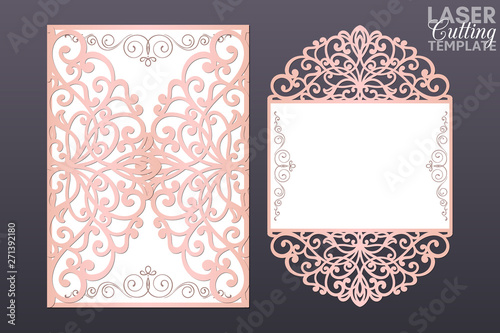 Laser cut wedding invitation card template vector. Cutout paper gate fold card for laser cutting or die cutting template. Wedding invitation mockup. Suitable for greeting cards, invitations, menus.