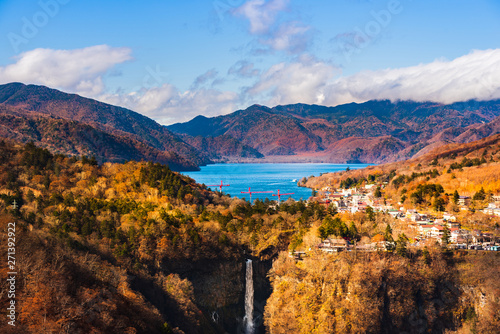 Beautiful scenery of lake Chuzenji and Kegon fall in Japan during autumn