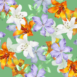 Beautiful floral background of lilies and clematis. Isolated