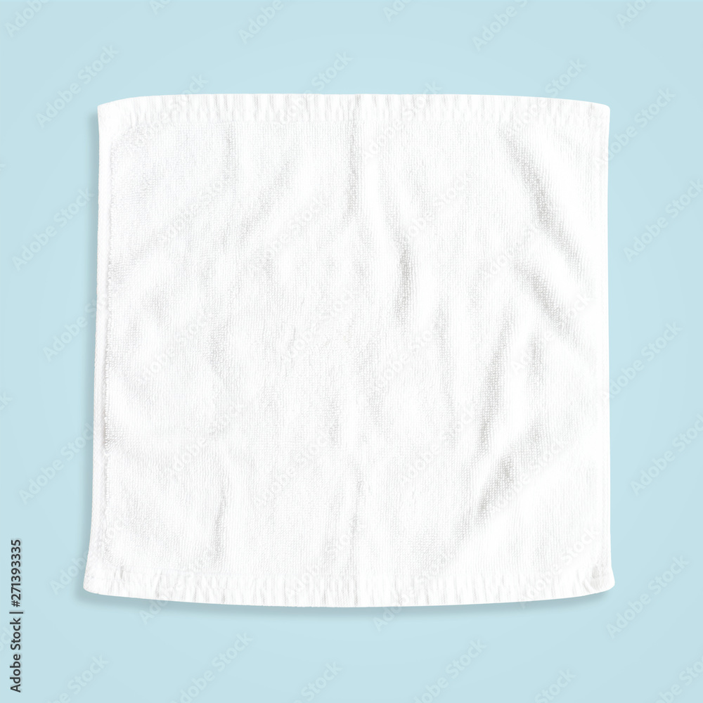 White cotton towel mock up template square size fabric wiper isolated on blue background with clipping path, flat lay top view White cotton towel mock up template square size fabric wiper isolated on blue background with clipping path, flat lay top view