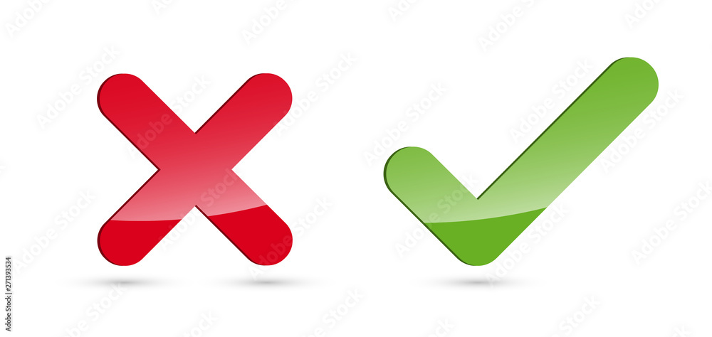 Set of glossy X & check mark icons. Cross & tick symbols isolated on white background. Set of glossy X & check mark icons. Cross & tick symbols isolated on white background.