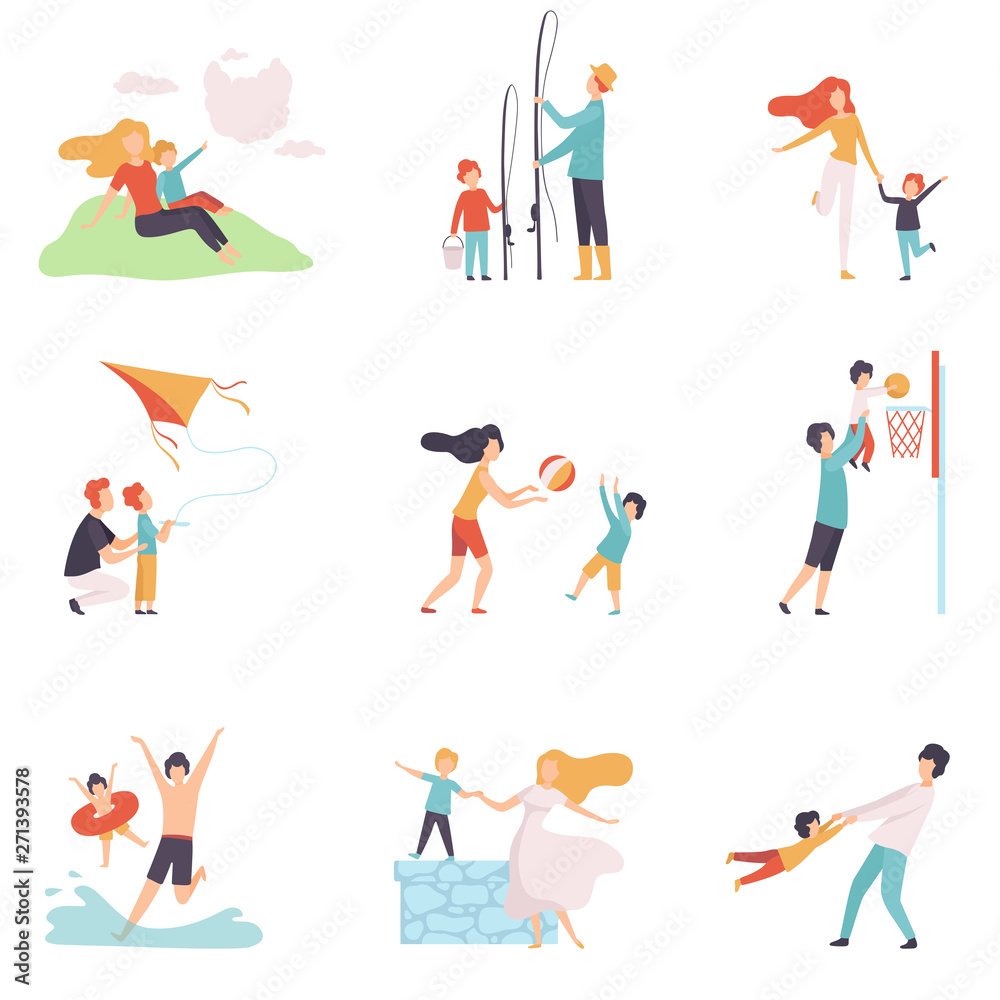 Parents and Their Children Spending Good Time Together Set, Happy Family Summer Outdoor Activities Vector Illustration
