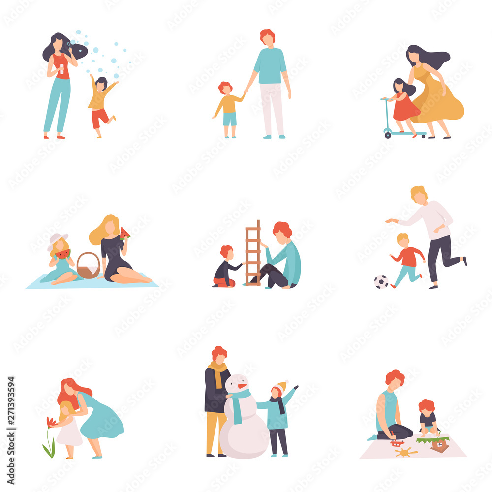 Parents and Their Children Spending Good Time Together Set, Happy Family Outdoor Activities Vector Illustration