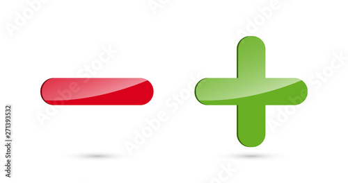 Set of glossy minus & plus sign icons. Negative & positive symbols isolated on white background.