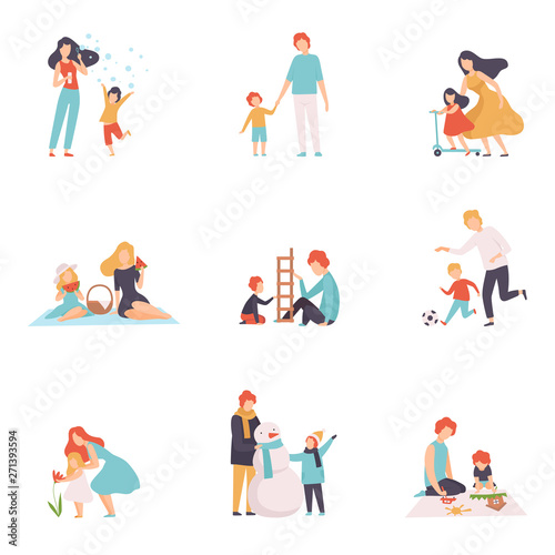 Parents and Their Children Spending Good Time Together Set, Happy Family Outdoor Activities Vector Illustration