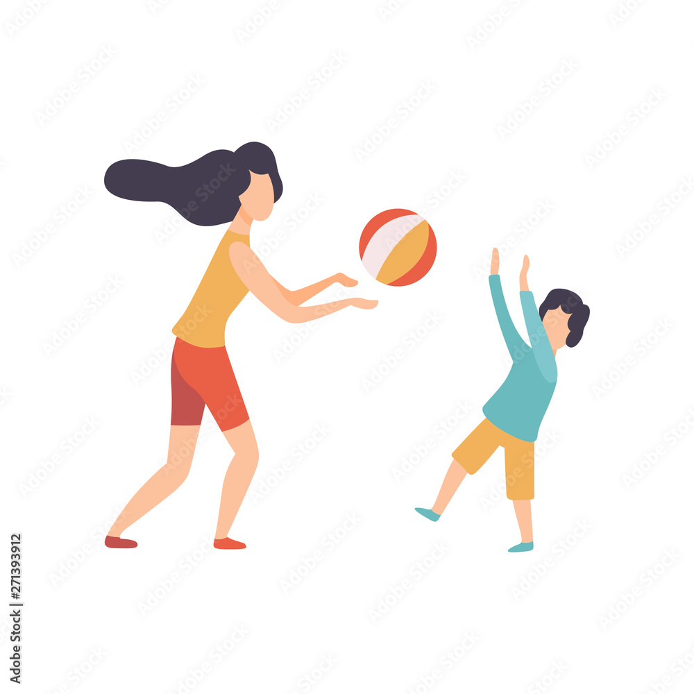 Mother and Her Son Playing with Ball, Happy Family Outdoor Activities Vector Illustration