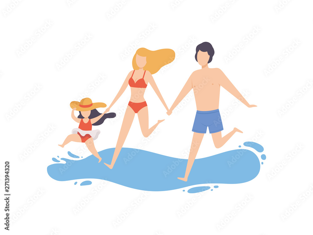 Mom, Dad and Daughter Running on Beach, Happy Family Enjoying Summer Vacation on Seashore Vector Illustration