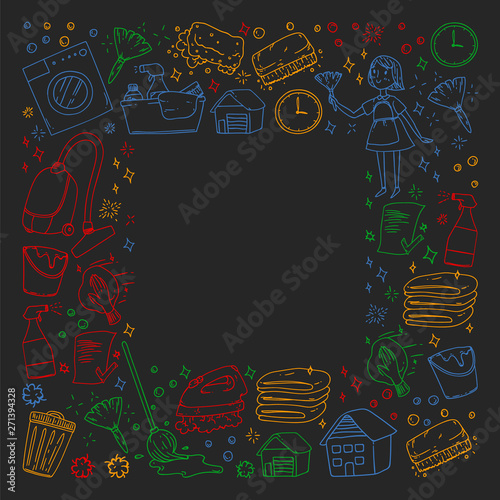 cleaning services company vector monochrome pattern on black background  drawing colorful chalk.