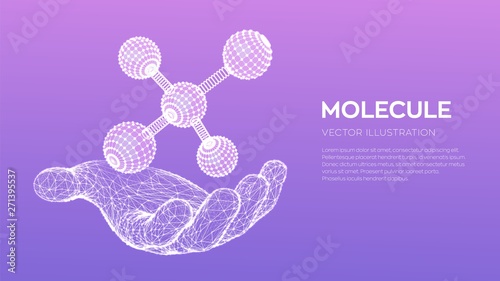 Molecule in hand. Dna, atom, neurons. Molecules and chemical formulas. 3D Scientific molecule background for medicine, science, technology, chemistry, biology. Vector illustration.
