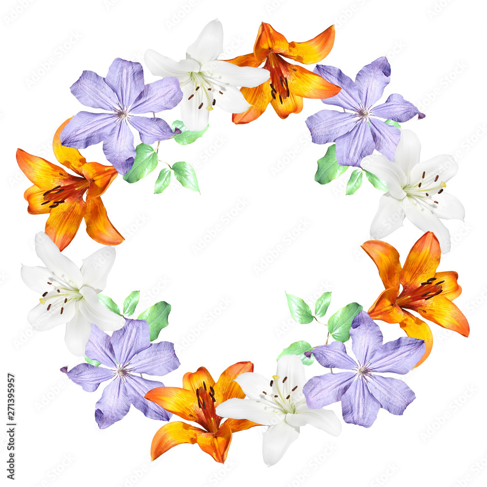 Obraz premium Beautiful floral circle of lilies and clematis. Isolated