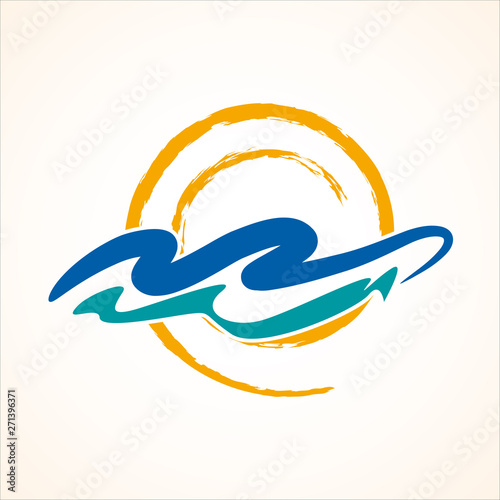 Abstract sun on sea waves. Vector sign design seaside, summer vacation