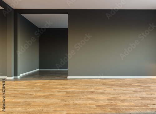 Empty room with big window and sun light. 3D illustration.