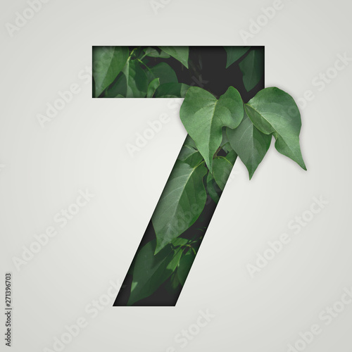 Nature concept. Creative number with green leaves on a gray background. Creative typography, Chapter in the presentation, template. 7 number seven.