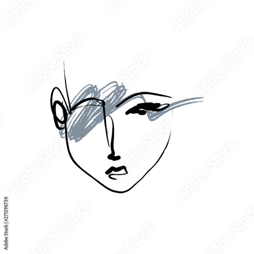 Line drawn black and white trendy face silhouette. Abstract contour. Print for clothes, textile and other. Vector