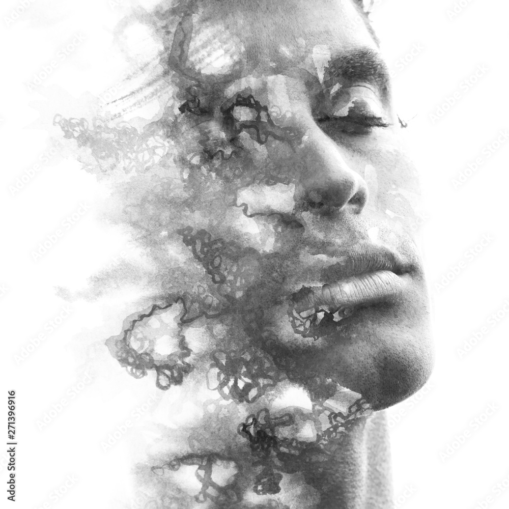 Paintography. Double exposure of an attractive male model combined with hand drawn ink paintings with depth and texture, black and white