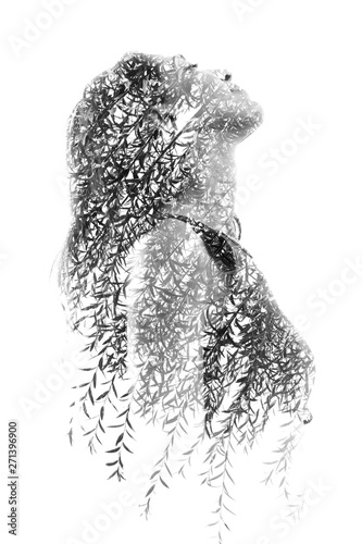 Obraz na plátne Double exposure profile portrait of a naturally beautiful happy woman dissolving