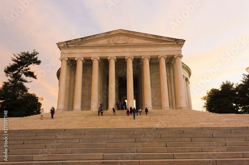 View of the ceremonial approach leading up towards the classical portico of the Thomas Jefferson Memorial at twilight, West Potomac Park, Washington DC photo