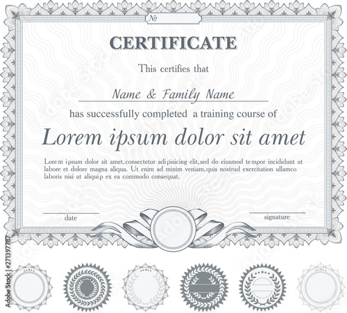 Silver horizontally certificate template with additional design elements