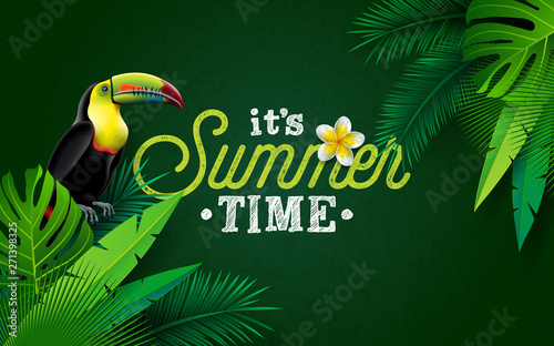 It's Summer Time Illustration with Flower and Toucan Bird on Green Background. Vector Tropical Holiday Design with Exotic Palm Leaves and Phylodendron for Banner, Flyer, Invitation, Brochure, Poster