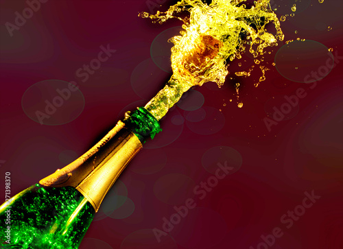 Close-up of champagne explosion. Celebration theme.