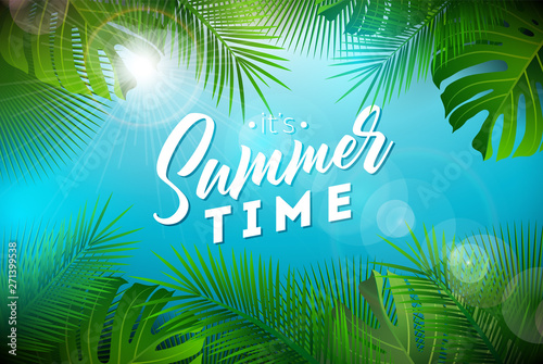 Summer Time Illustration with Typography Letter and Tropical Plants on Ocean Blue Background. Vector Holiday Design with Exotic Palm Leaves and Phylodendron for Banner  Flyer  Invitation  Brochure