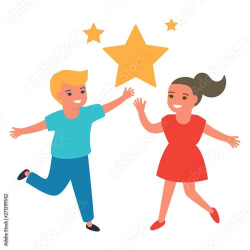 Happy children boy and girl holding victory star. Successful children experience happiness, joy and fun. Vector on white background