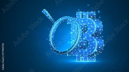 Magnifying glass on Bitcoin cryptocurrency. Market analysis, business safety, money research concept. Abstract, digital, wireframe low poly mesh vector blue neon 3d illustration. Triangle line dot