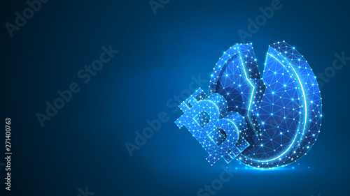 Broken Litecoin cryptocurrency Golden Coin. Polygonal business, money, market crash, circle concept. Abstract, digital, wireframe low poly mesh vector blue neon 3d illustration. Triangle line dot