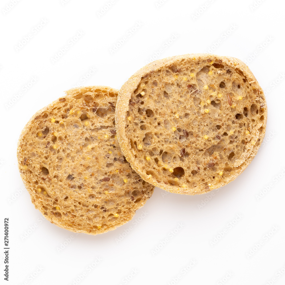 Rye bread slice on a white background.