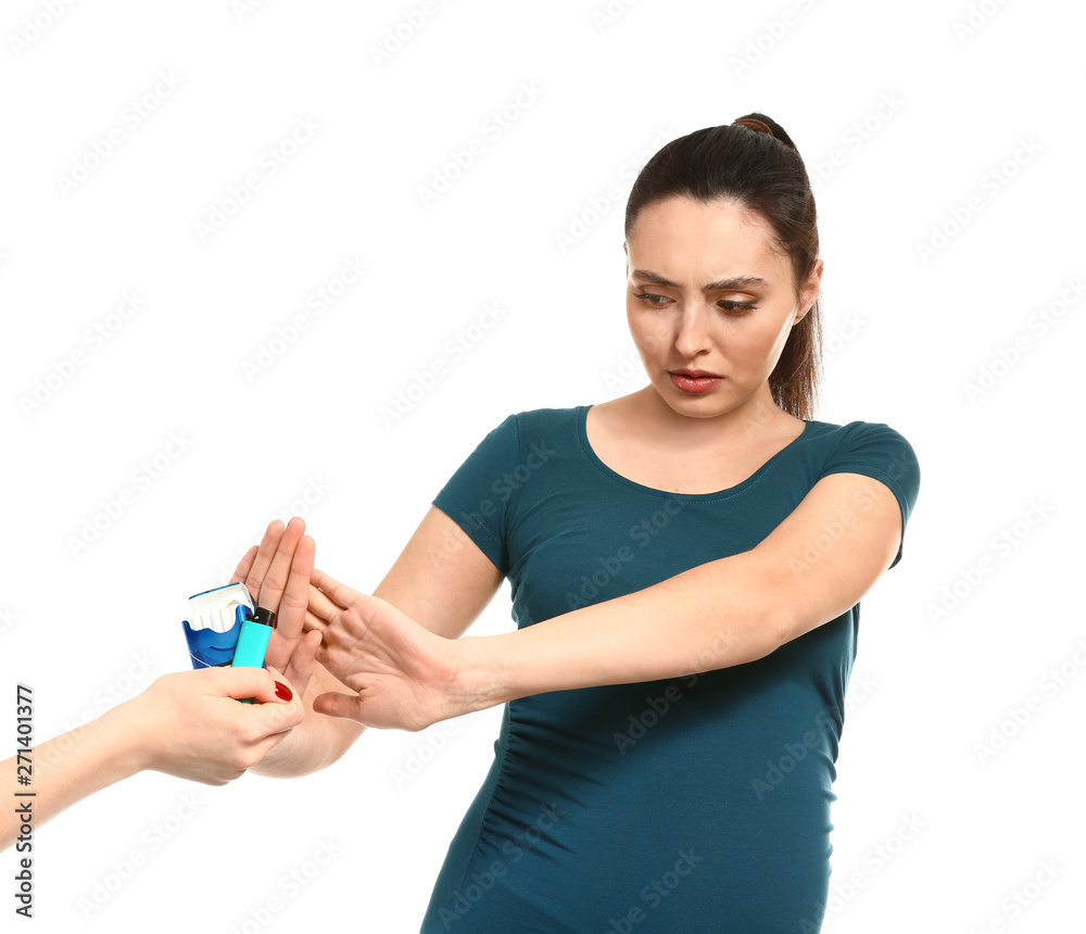 Pregnant woman rejecting cigarettes on white background Pregnant woman rejecting cigarettes on white background