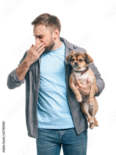 Man with dog on white backg...