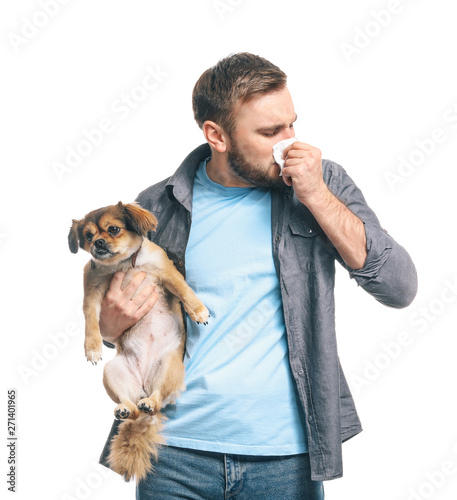 Man with dog on white backg...