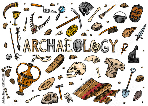 Set of archeology tools, science equipment, artifacts. Excavated fossils and ancient bones. Hand drawn Doodle sketch style.  photo