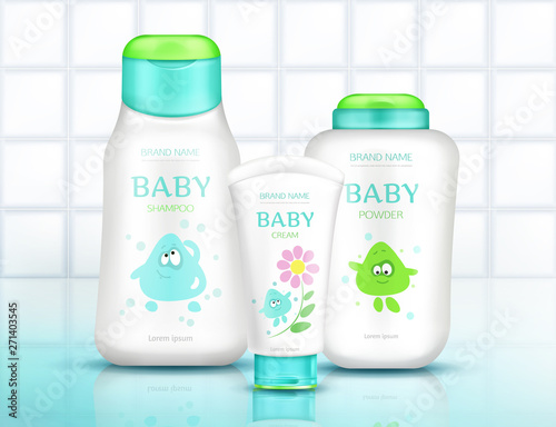Baby cosmetics bottles with kids design, plastic packages mock up of cream, shampoo, soap, foam, moisturizer with cartoon character on white bathroom tiled background. Realistic 3d vector illustration
