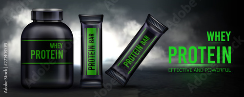 Sport nutrition, protein whey supplement and bars container packaging mockup, Black plastic jar with cap and package on dark smoky background. Sports food ad banner. Realistic 3d vector illustration,