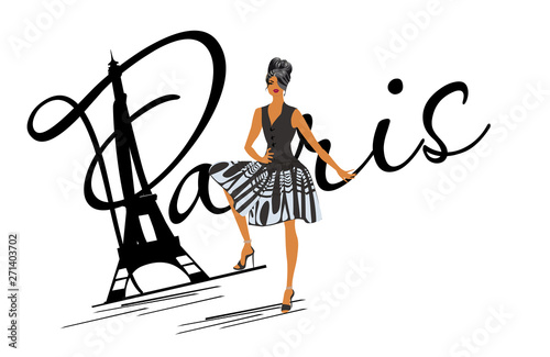 Lettering Paris with a fashion girl in black dress. Hand drawn vector illustration.