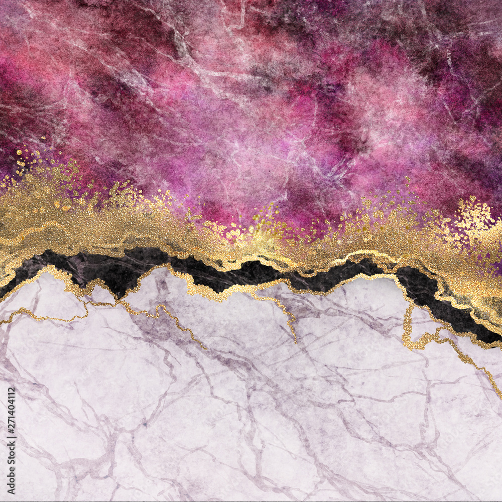 Fototapeta abstract background, pink marble with veins stone texture, gold foil and glitter, painted artificial marbled surface, fashion marbling illustration
