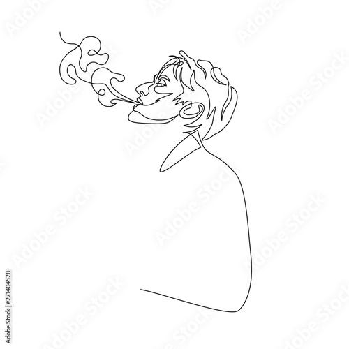 Continuous one line man exhale smoke of cigarette. Art