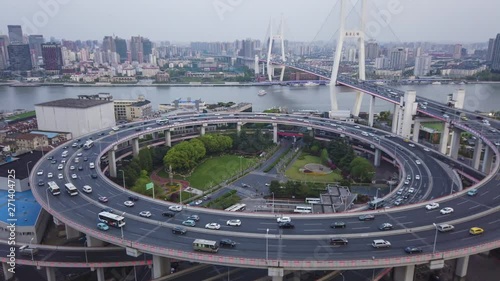 Timelapse of traffic on Nanpu Spiral at sunset night , Shanghai, China