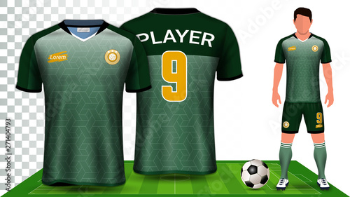 Soccer Jersey and Football Kit Presentation Mockup Template, Front and Back View Including Sportswear Uniform, Shorts and Socks and it is Fully Customization Isolated on Transparent Background.