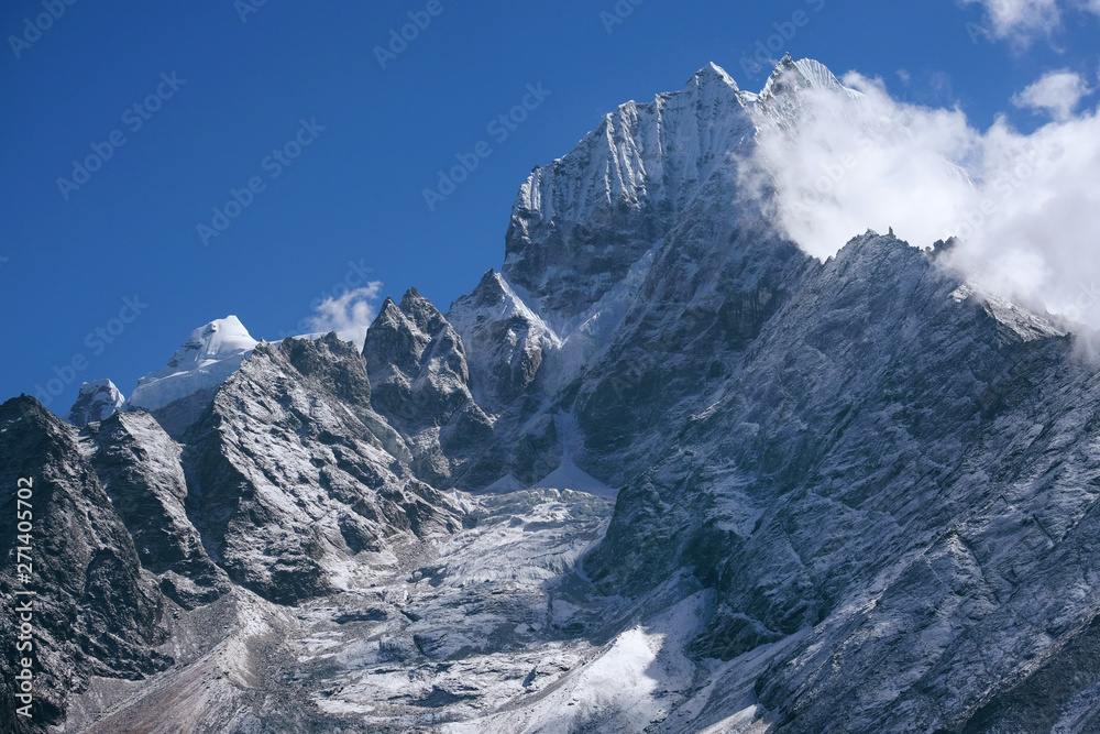 Panoramic view of Thamserku mountain on the road to Everest Base Camp in Sagarmatha National par, Himalayas napal