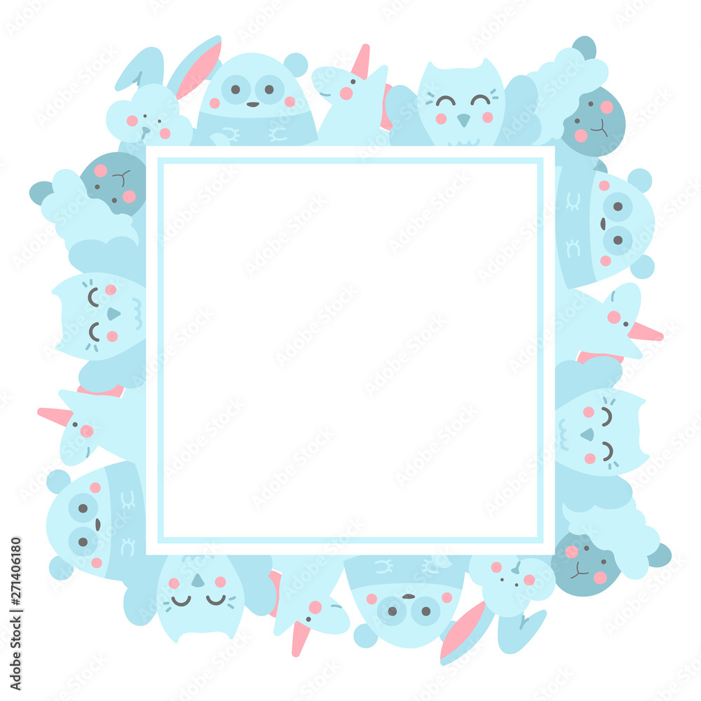 Frame template with doodle characters and copy space.